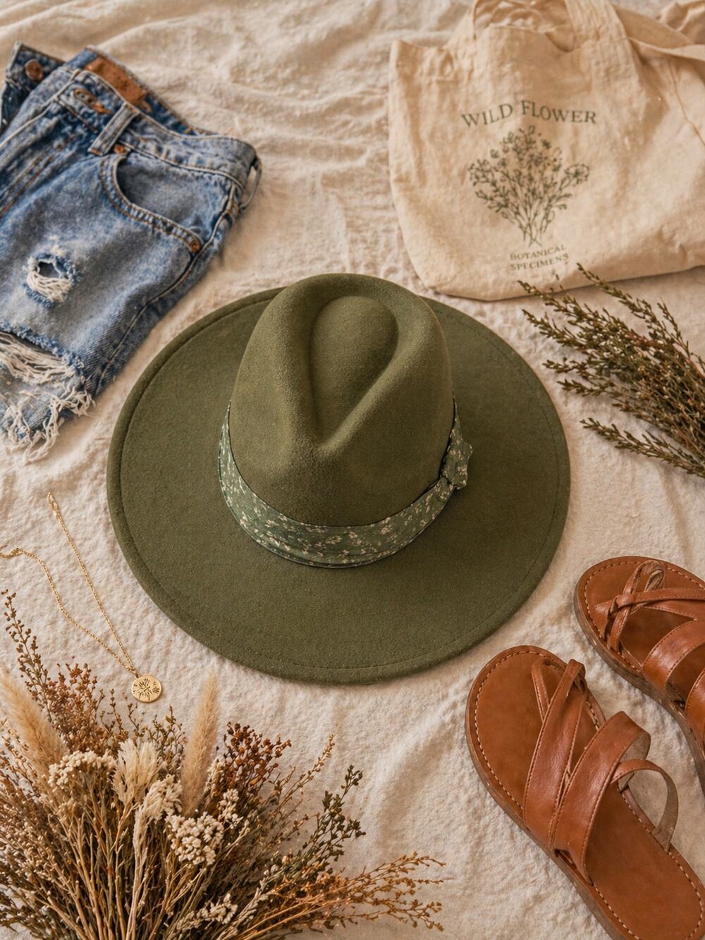 Olive Green Wide Brim Hat Structured Crown Floral Band Boho Western